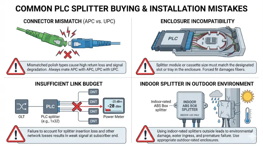 Common PLC splitter mistakes including connector mismatch, wrong package size, and insufficient link budget