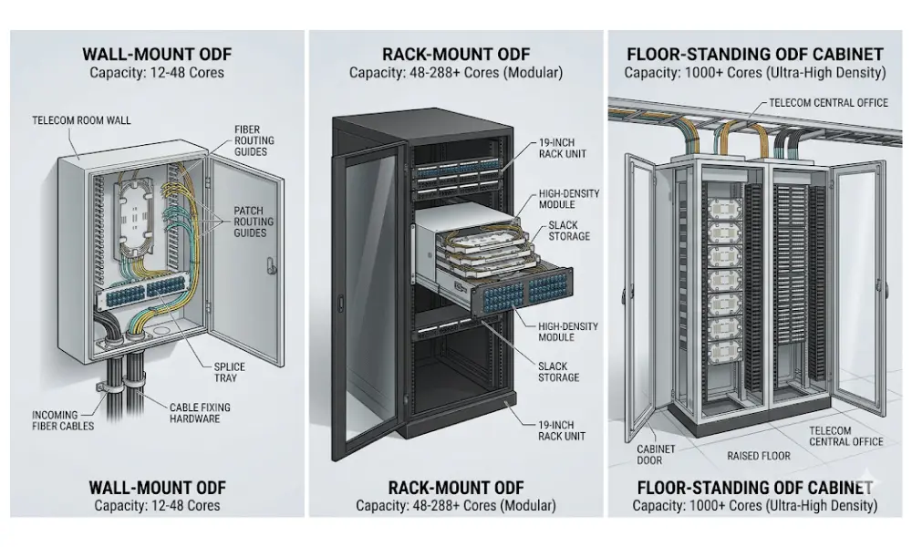 Common optical distribution frame deployment scenarios in telecom, data center, FTTH, and enterprise networks