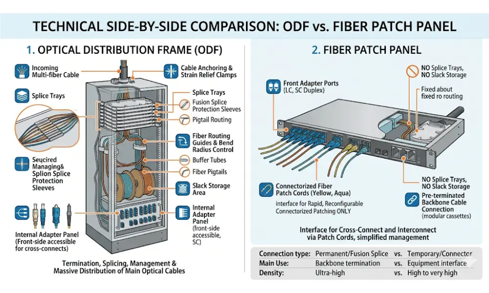 Key factors for choosing the right optical distribution frame including fiber count, connector type, mounting method, and splice capacity Key factors for choosing the right optical distribution frame including fiber count, connector type, mounting method, and splice capacity