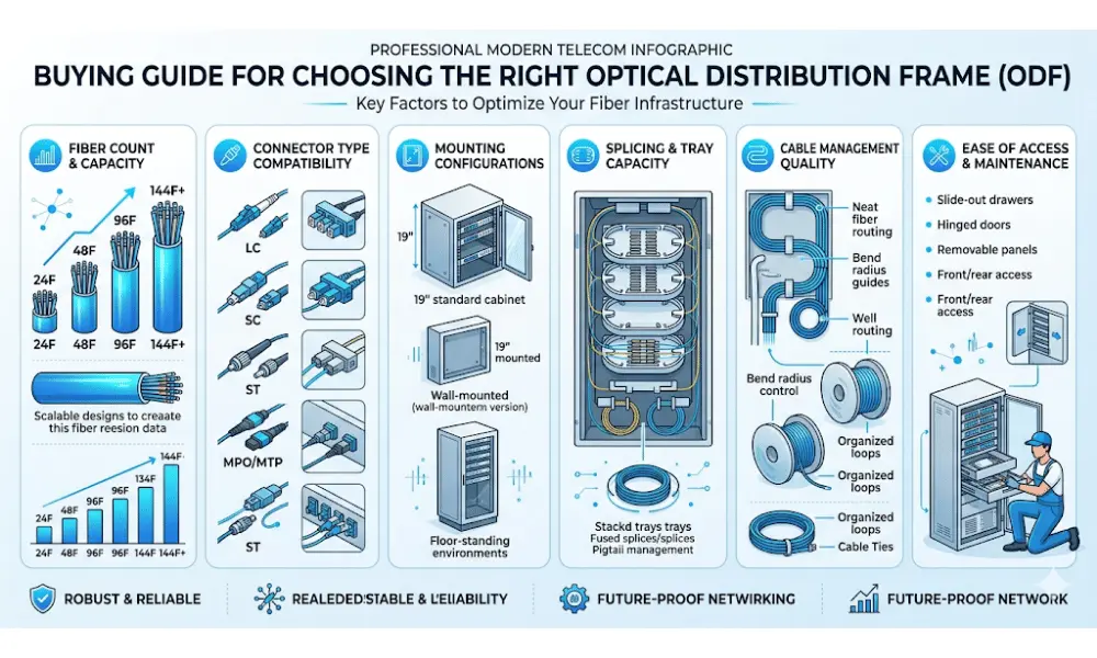 Example ODF deployment scenarios for FTTH building risers, enterprise data centers, and telecom central offices Example ODF deployment scenarios for FTTH building risers, enterprise data centers, and telecom central offices