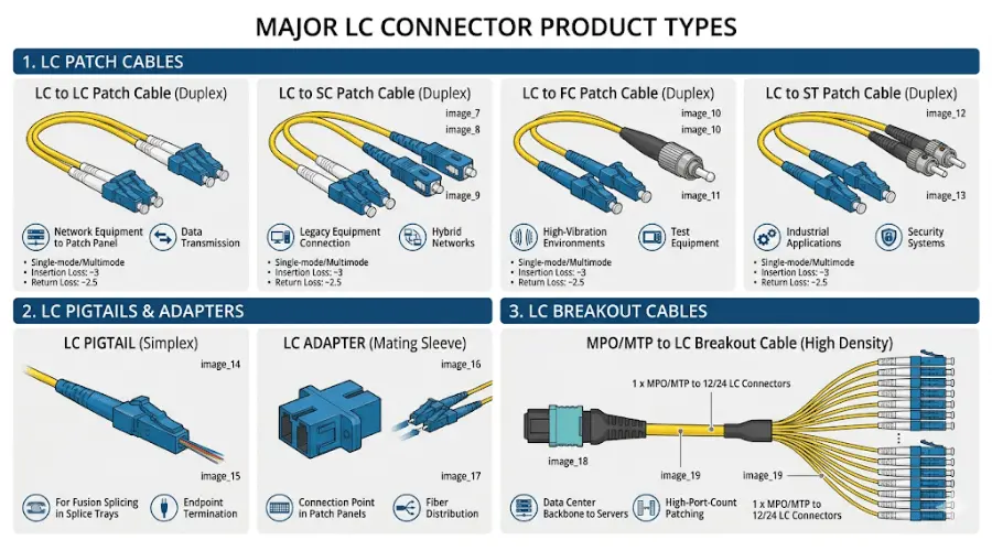 Main LC connector product types including patch cables, adapters, pigtails, and breakout assemblies Main LC connector product types including patch cables, adapters, pigtails, and breakout assemblies