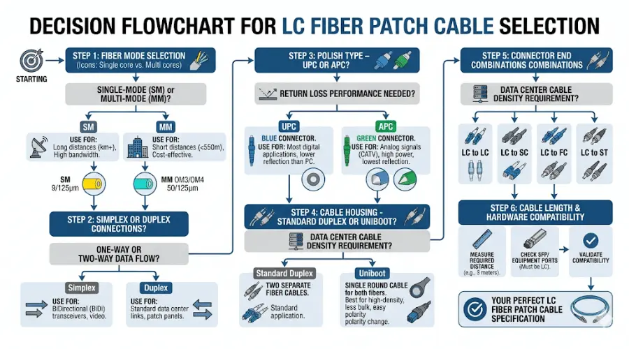 Decision flowchart for choosing the right LC fiber patch cable for a network project