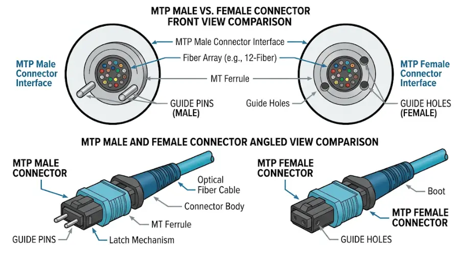 MTP male and female connector structure showing guide pins and guide holes MTP male and female connector structure showing guide pins and guide holes