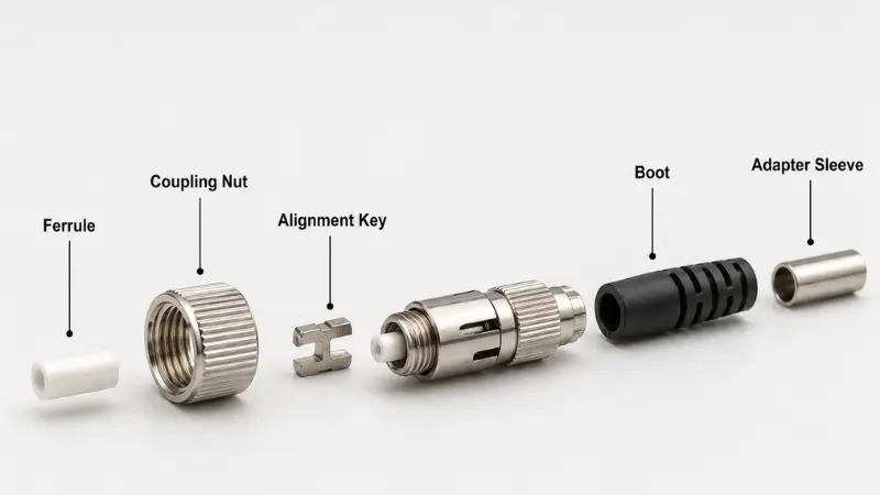 Labeled photorealistic diagram of the main parts of an FC fiber connector, including ferrule, coupling nut, alignment key, boot, and adapter sleeve