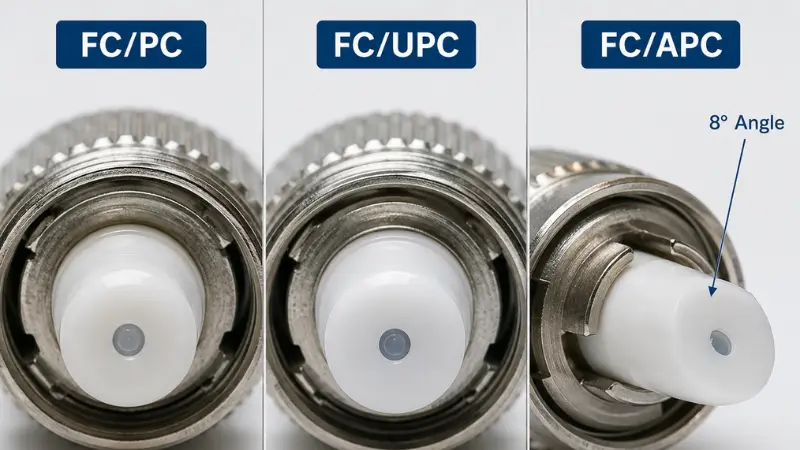 Photorealistic comparison of FC/PC, FC/UPC, and FC/APC fiber connector end-face polish types