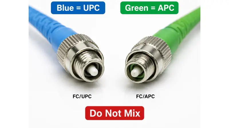 Comparison image showing how to identify blue FC/UPC and green FC/APC fiber connectors
