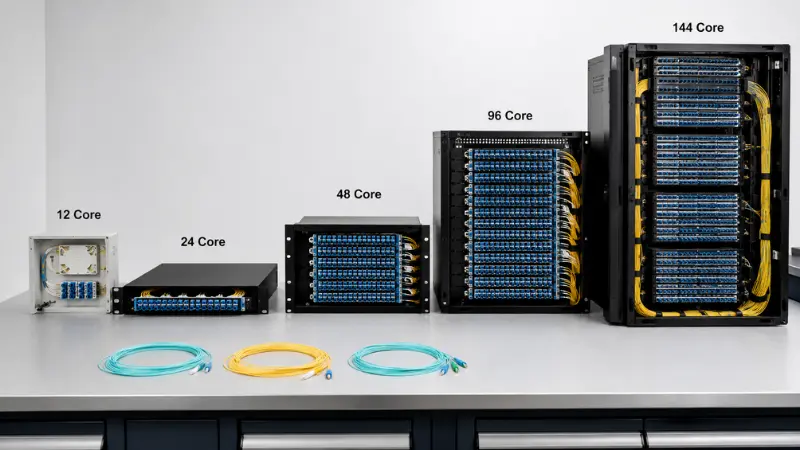 Optical fiber patch panel capacity comparison from 12 core to 144 core ODF configurations Optical fiber patch panel capacity comparison from 12 core to 144 core ODF configurations