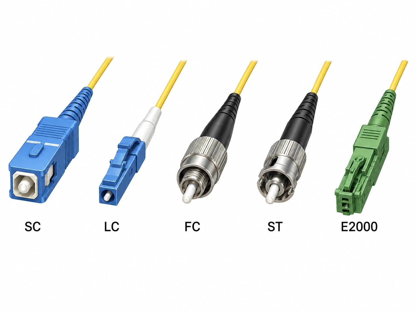 Single mode fiber optic pigtail connector interface options laid out side by side: SC, LC, FC, ST and E2000 pigtails with 0.9 mm tight-buffered tails, showing the latch and ferrule geometry that each IEC 61754 part defines for panel and adapter compatibility