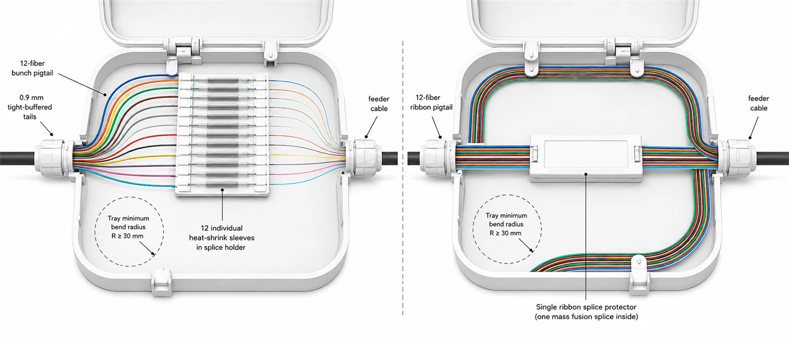 A 12-fiber bunch fiber optic pigtail with 0.9 mm tight-buffered tails beside a ribbon pigtail for mass fusion splicing, both coiled in an open splice tray with heat-shrink protectors, showing how 0.9 mm and 2.0 mm structures behave at the tray minimum bend radius A 12-fiber bunch fiber optic pigtail with 0.9 mm tight-buffered tails beside a ribbon pigtail for mass fusion splicing, both coiled in an open splice tray with heat-shrink protectors, showing how 0.9 mm and 2.0 mm structures behave at the tray minimum bend radius